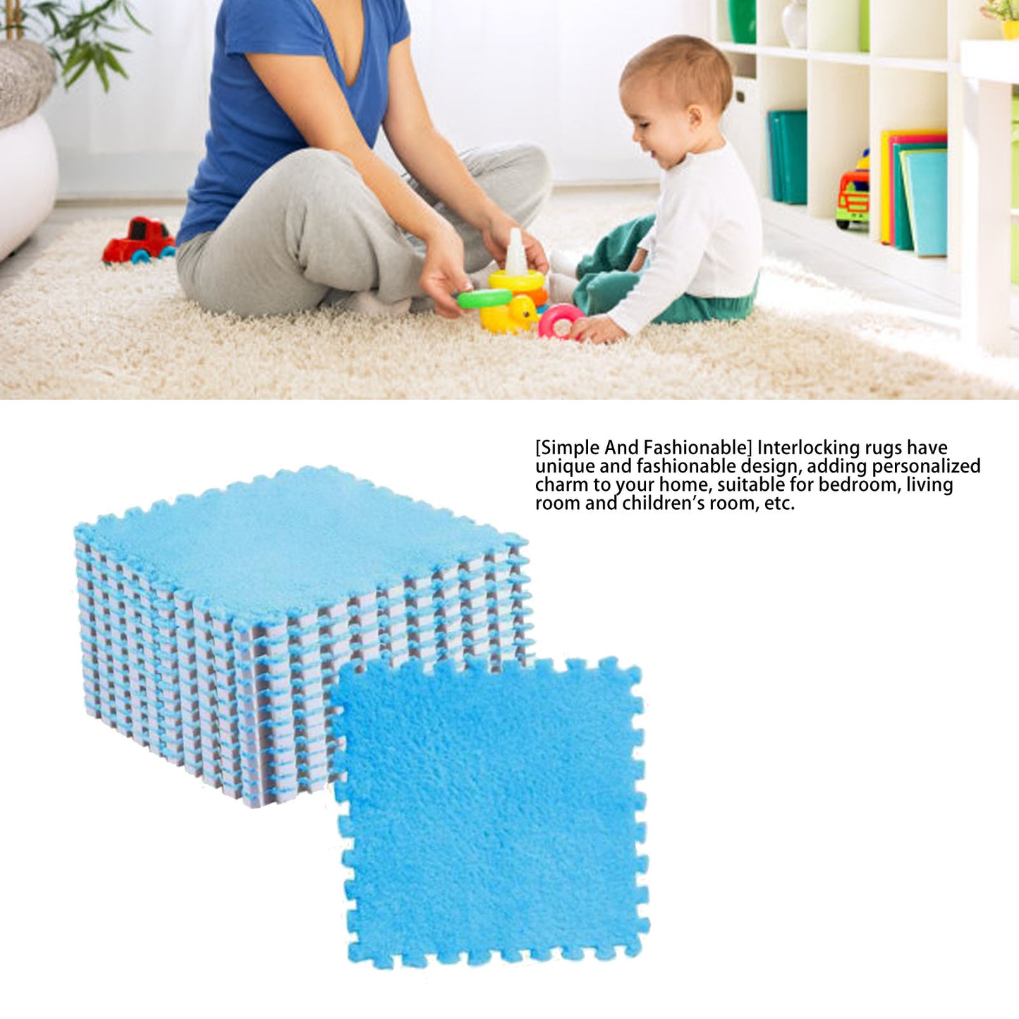 10pcs Interlocking Floor Mat Soft Warm Prevent Slip Cuttable Plush Foam Carpet Tiles for Children Room Bedroom